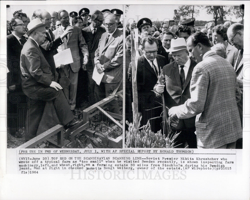 1964 Press Photo Soviet Premier Nikita Khrushchev Inspecting Farm Equipment - Historic Images