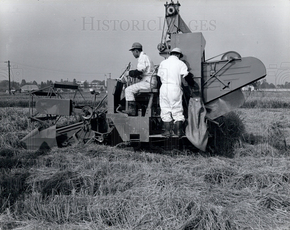 Press Photo Japanese Farmers using a Mechanized Harvester for Rice - Historic Images