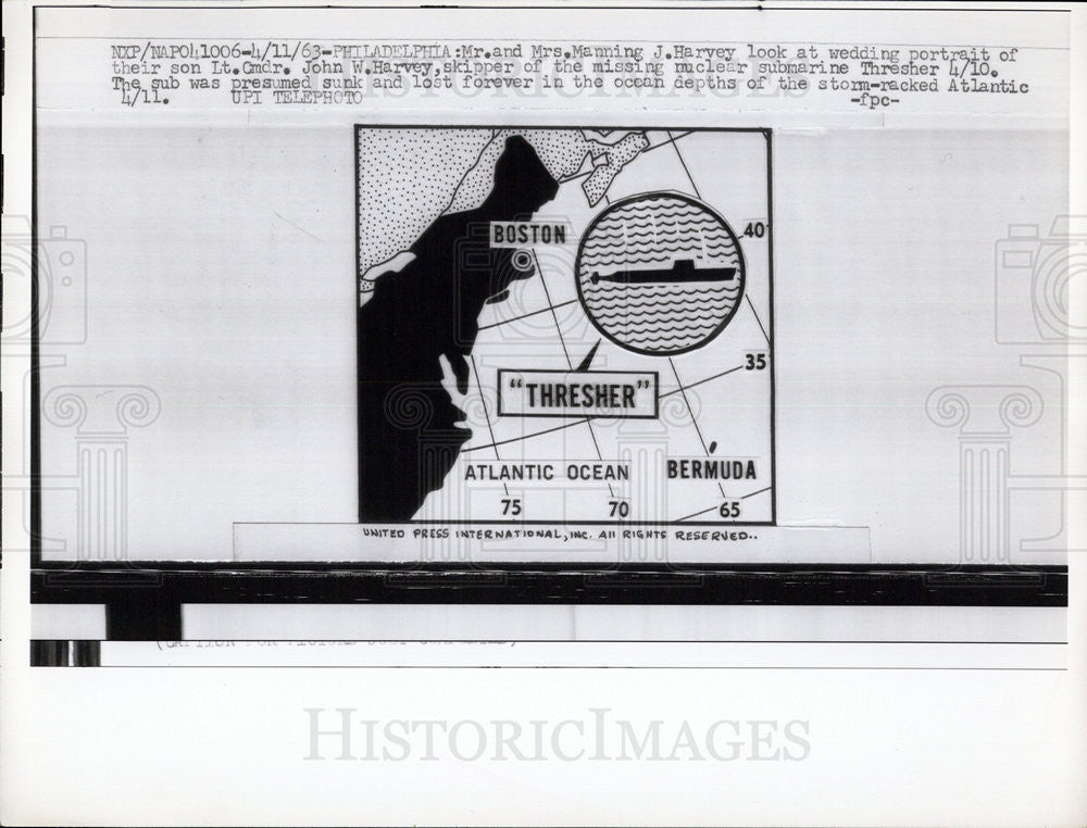 1963 Press Photo Map showing where sub USS Thresher was presumed sunk - Historic Images