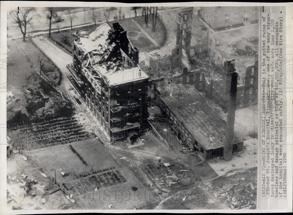 1950 Press Photo After Fire in Quebec St Joseph&#39;s Hospital is Destroyed - Historic Images