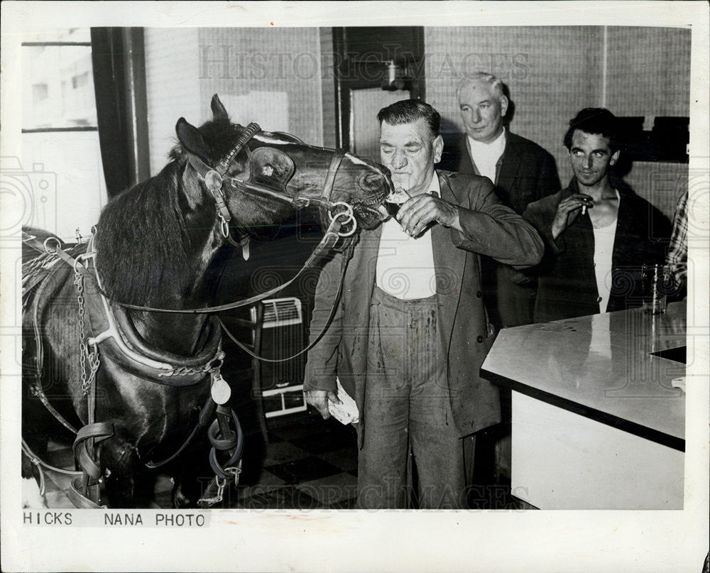 1963 Press Photo William Hicks and his horse Nobby in White Lion Pub,England - Historic Images