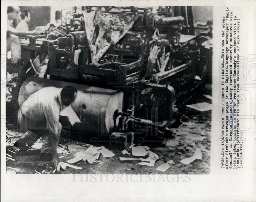 1961 Press Photo Firebombs wrecked press of "Daily Journal" in Venezuela - Historic Images