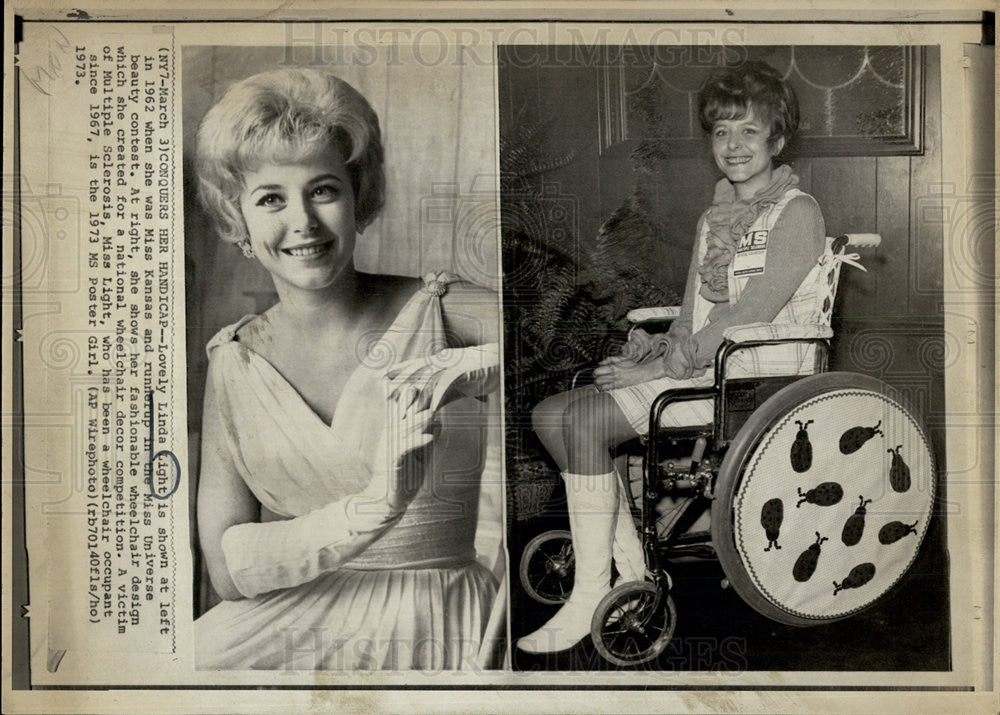 1973 Press Photo 1962 Photo of Miss Kansas Linda Light and Photo of Wheelchair - Historic Images