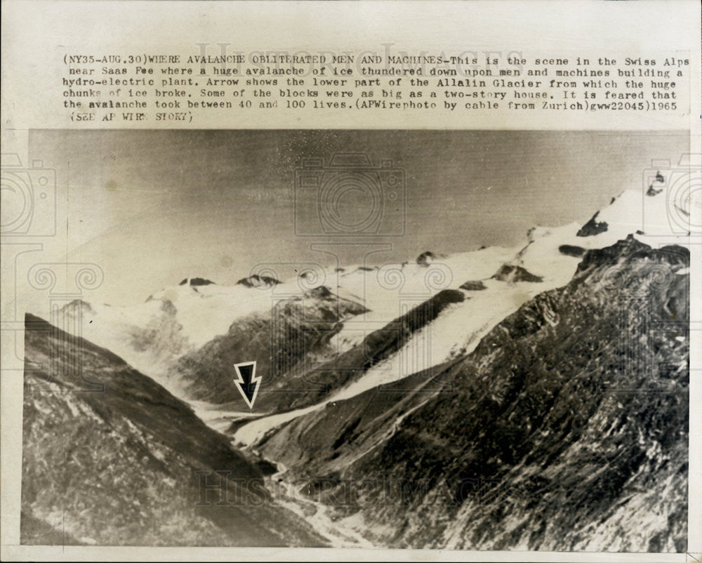 1965 Press Photo Location of Avalanche in Swiss Alps near Saas Fee - Historic Images