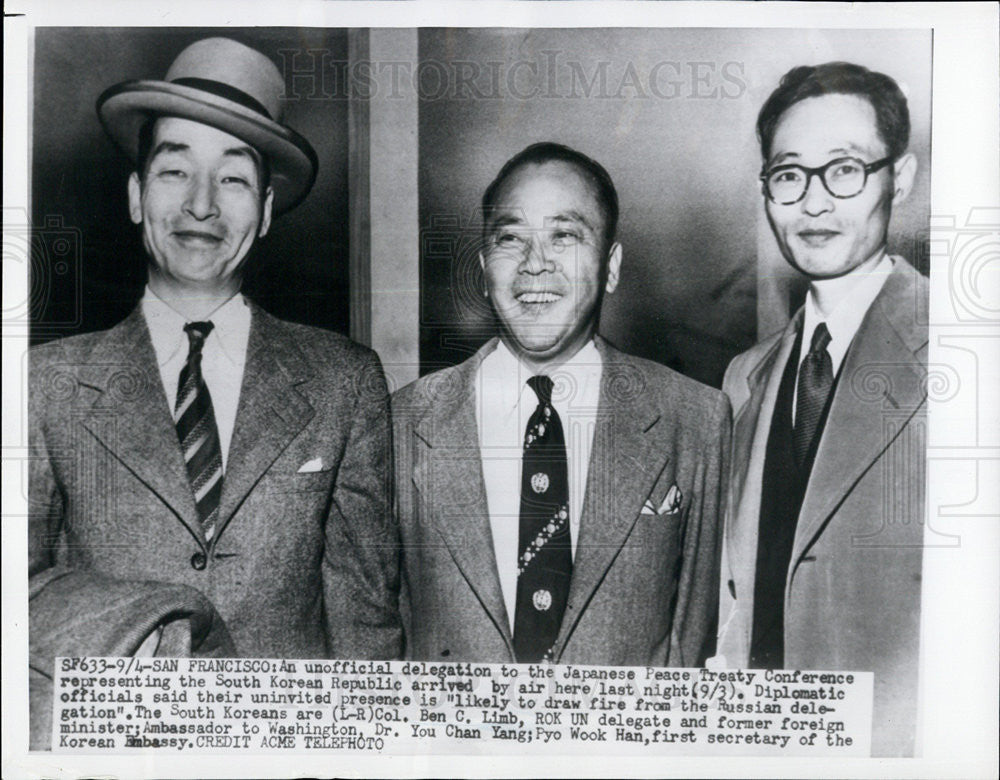 1957 Press Photo South Korean Delegates Ben C Limb Dr You Chan Yang Pyo Wook Han - Historic Images