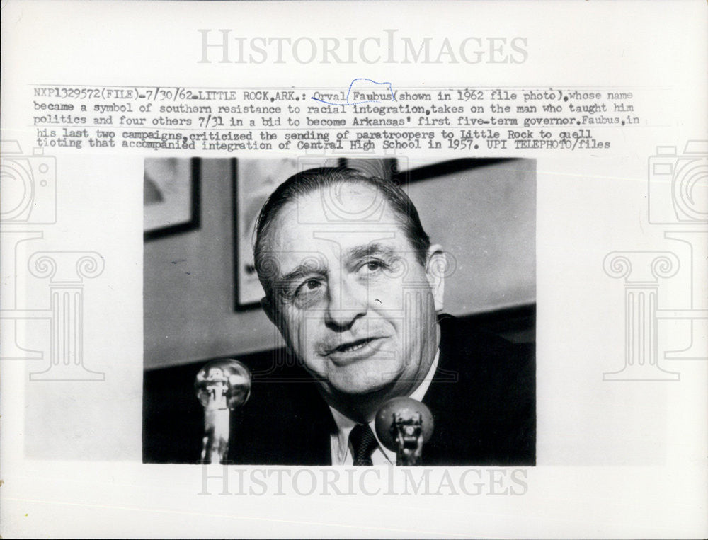 1962 Press Photo Arkansas Governor Orval Faubus Racial Integration Central High - Historic Images