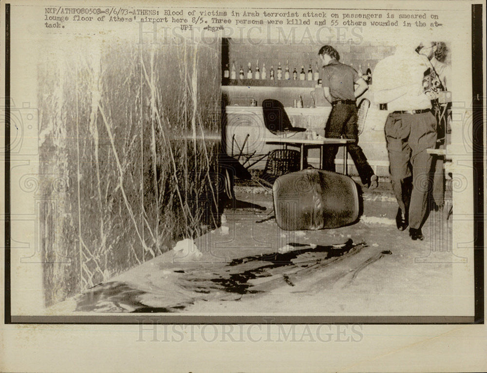 1973 Press Photo Blood of Terrorist Victims, Athens Airport, Greece - Historic Images