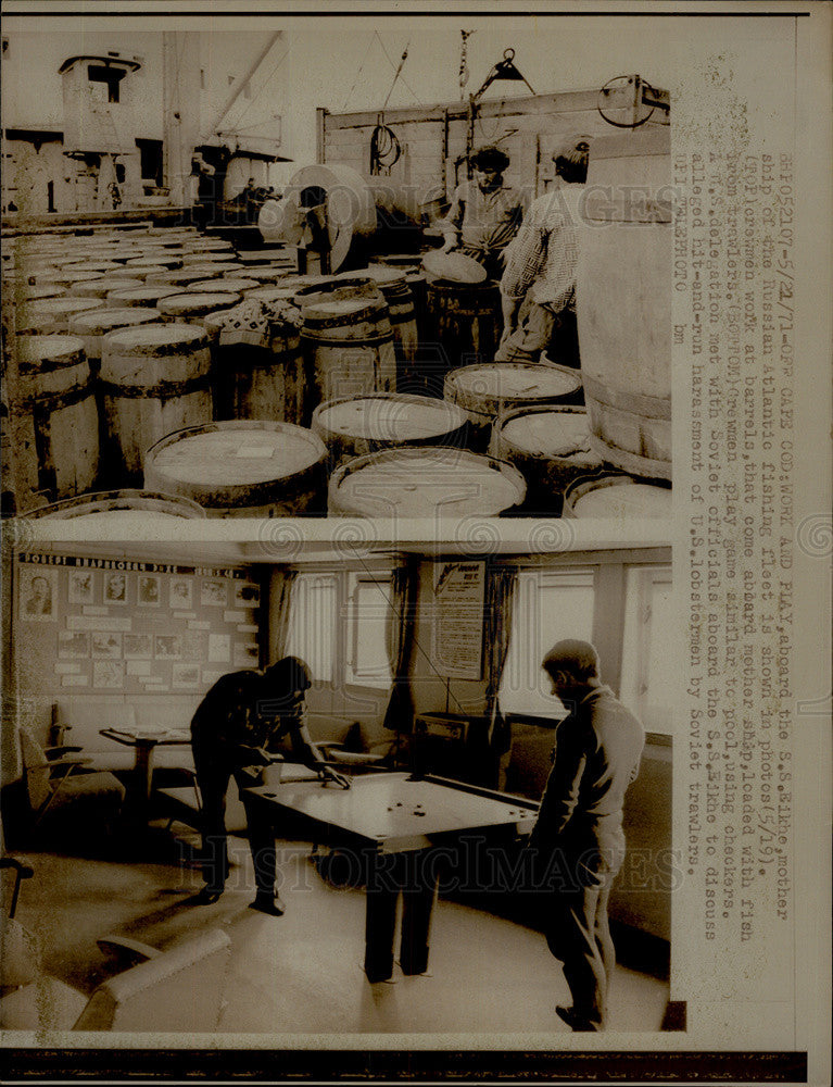 Press Photo Russian Fishing Industry/SS Eikhe/Barrels Of Fish/Crewmen Play Games - Historic Images