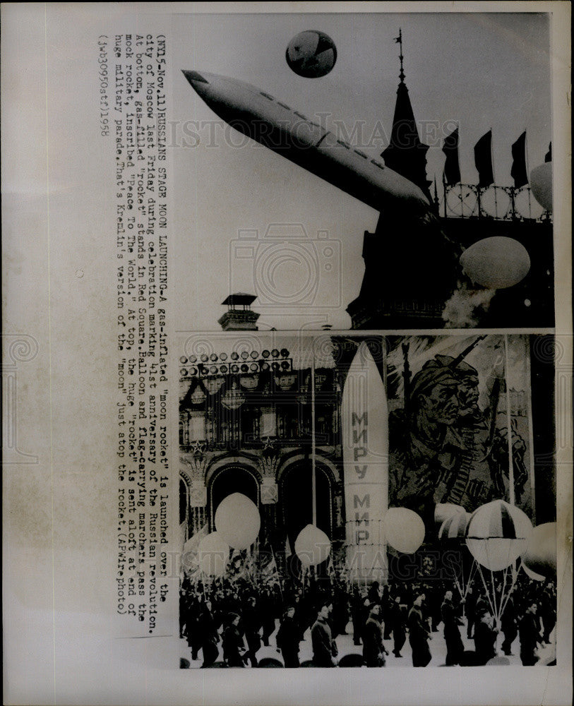 1958 Press Photo Moon rocket launched in Moscow to celebrate Russian revolution. - Historic Images