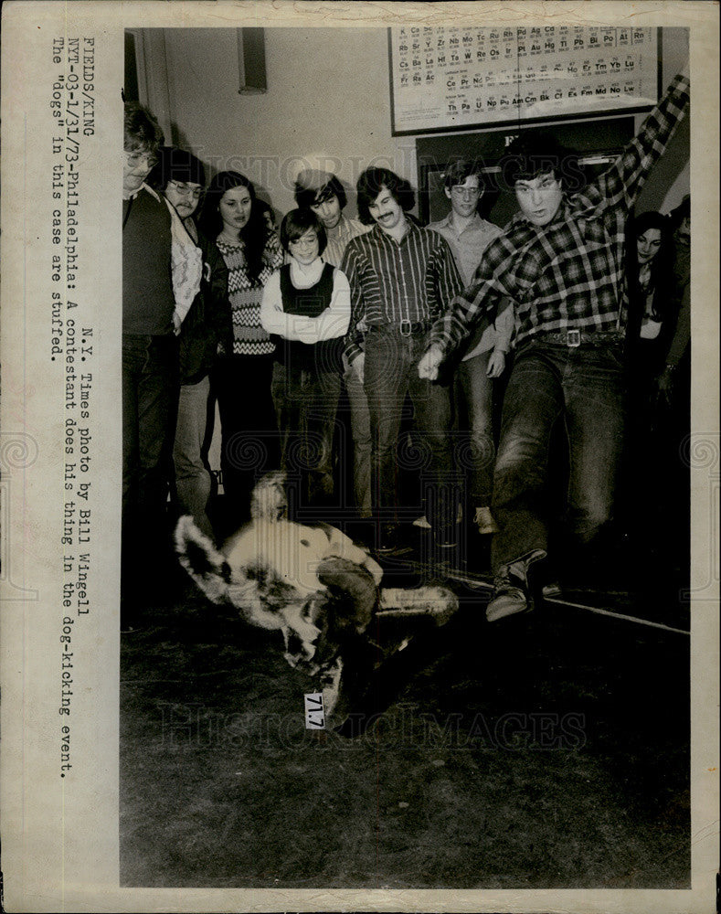 1973 Press Photo Stuffed Toy Dog Kicking Contest Celebrate Philadelphia History - Historic Images