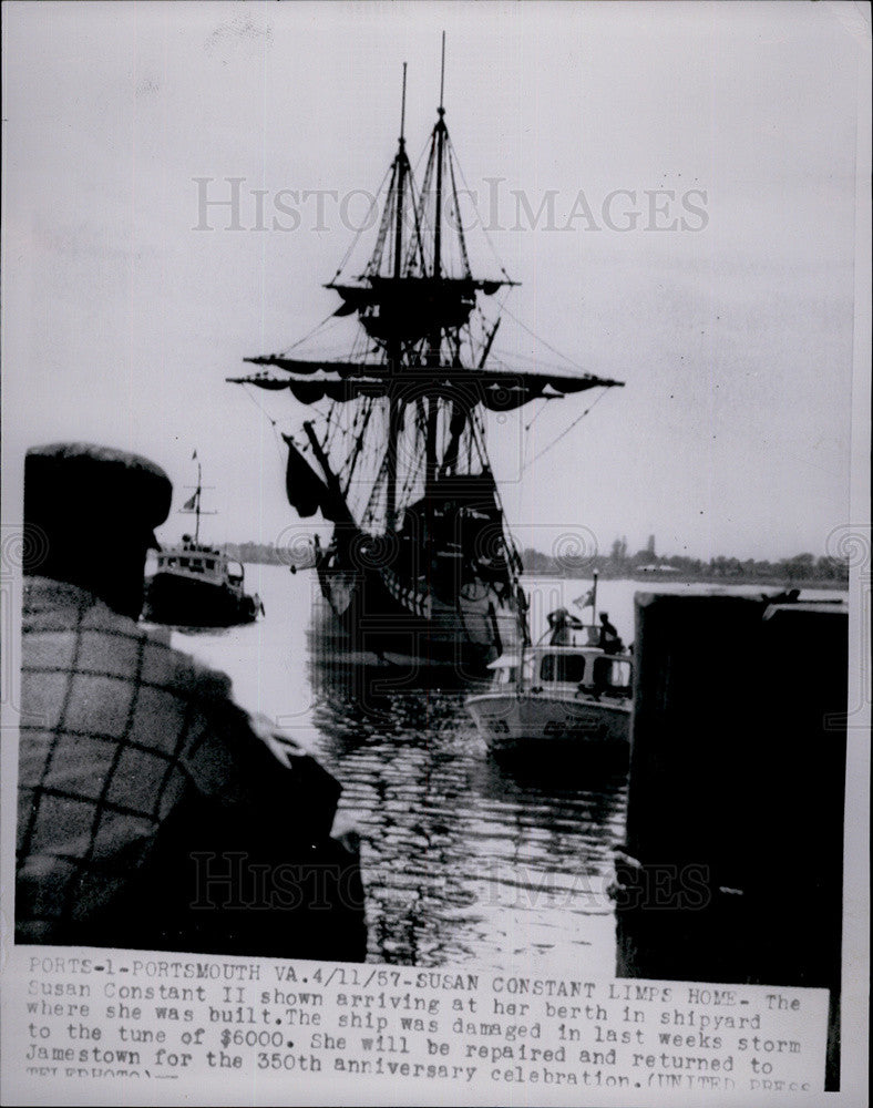 1957 Press Photo Susan Constant II Shown Arriving at Her Berth in Shipyard - Historic Images