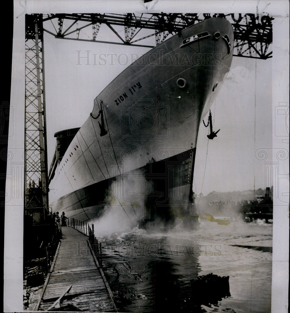 1955 Press Photo Zion Hamburg Launching Ship Israeli Shipowner Zim - Historic Images