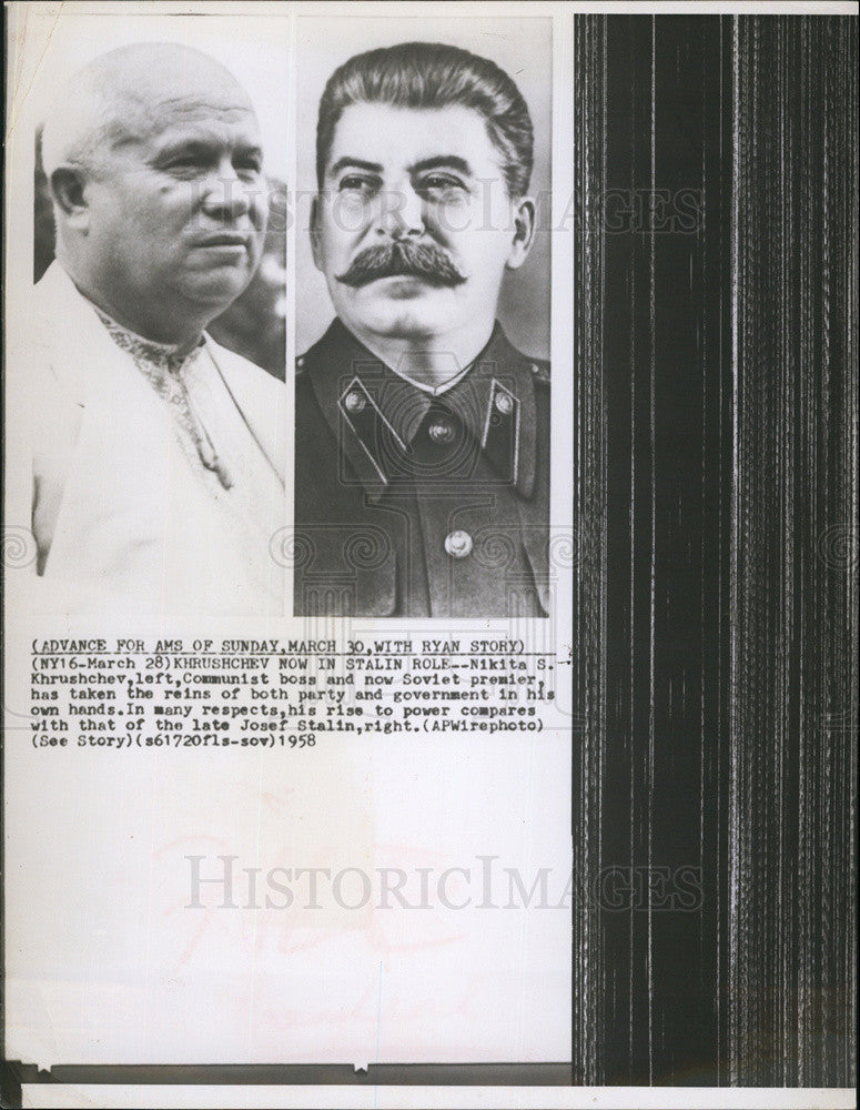 1958 Press Photo Soviet Premier Nikita Khrushchev; The Late Josef Stalin - Historic Images