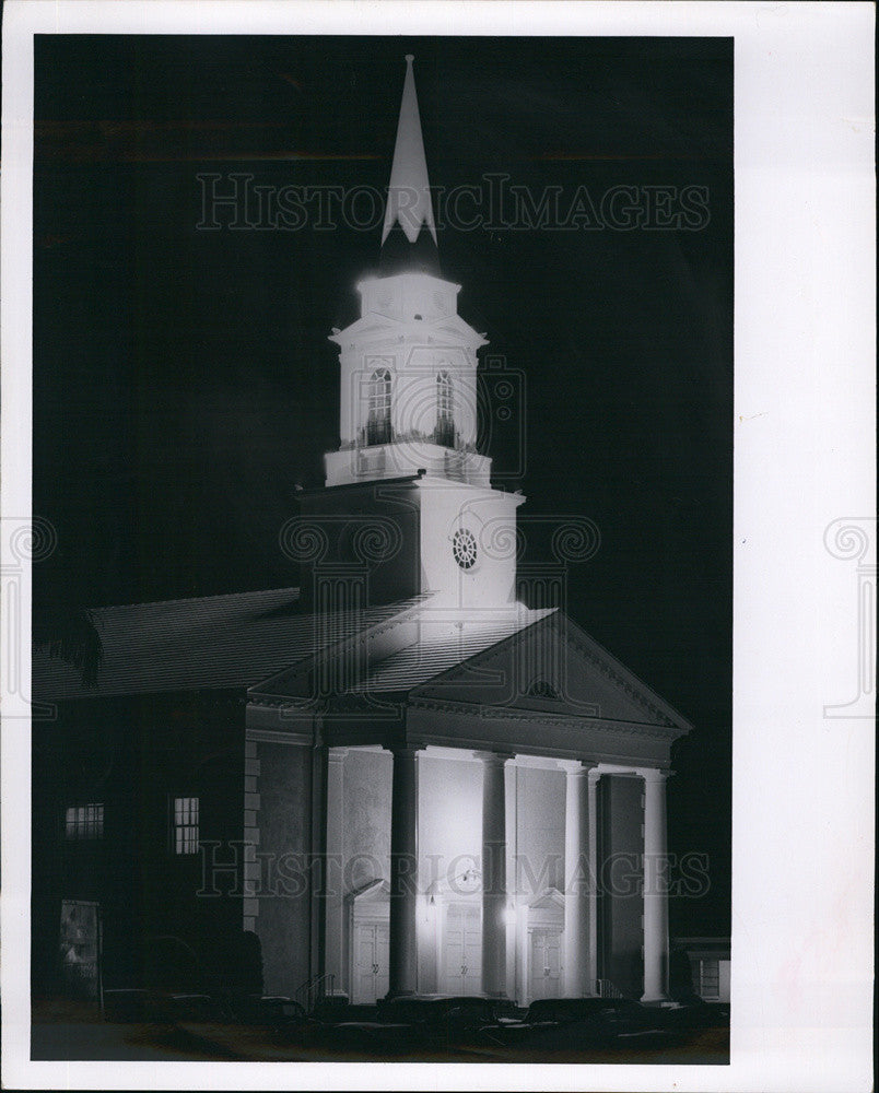 1964 Press Photo A Brightly Lit Spire of the Church - Historic Images