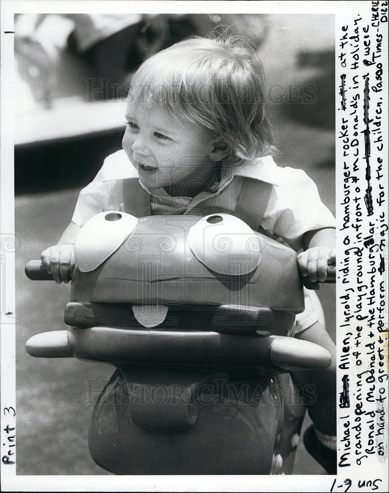 1980 Press Photo Michael Allen playing at newly opened McDonalds playground - Historic Images