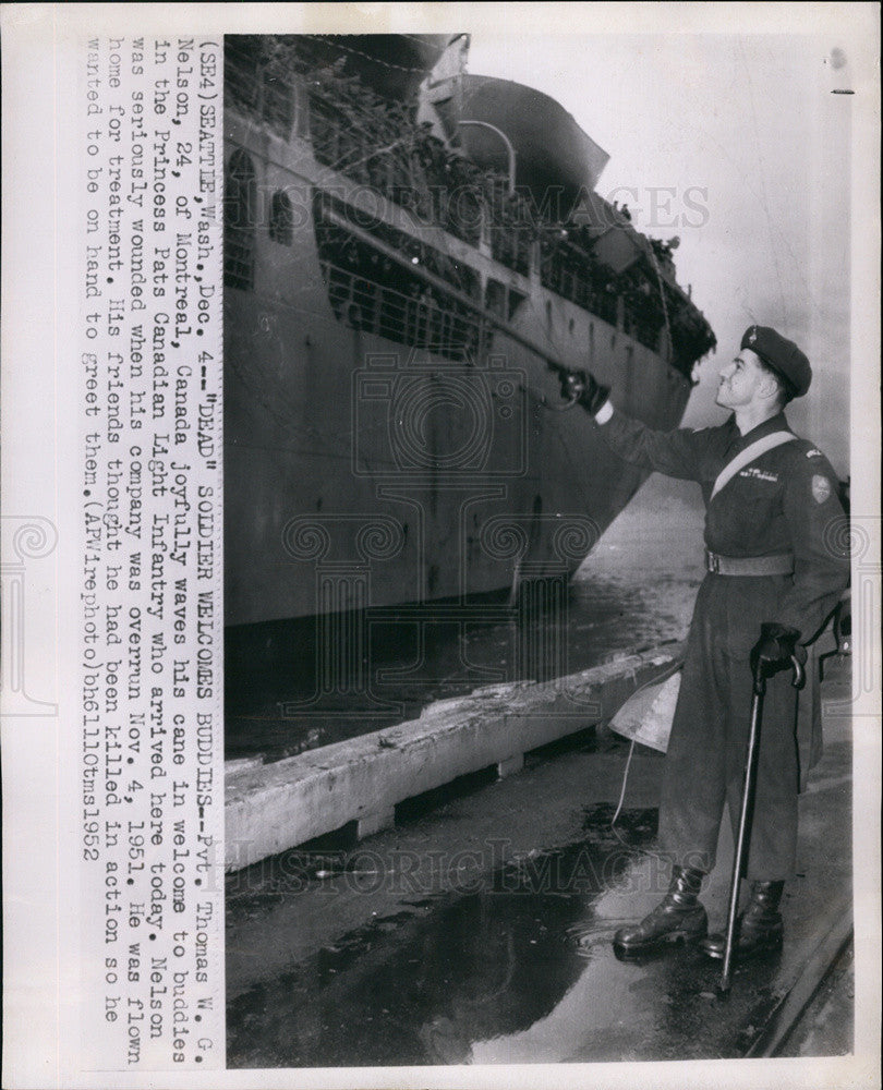 1952 Press Photo Pvt Thomas W.G. Nelson of Montreal Canada Welcome Princess Pats - Historic Images