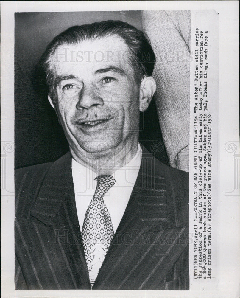 1952 Press Photo Willie &quot;The Actor&quot; Sutton After Conviction of Bank Holdup - Historic Images