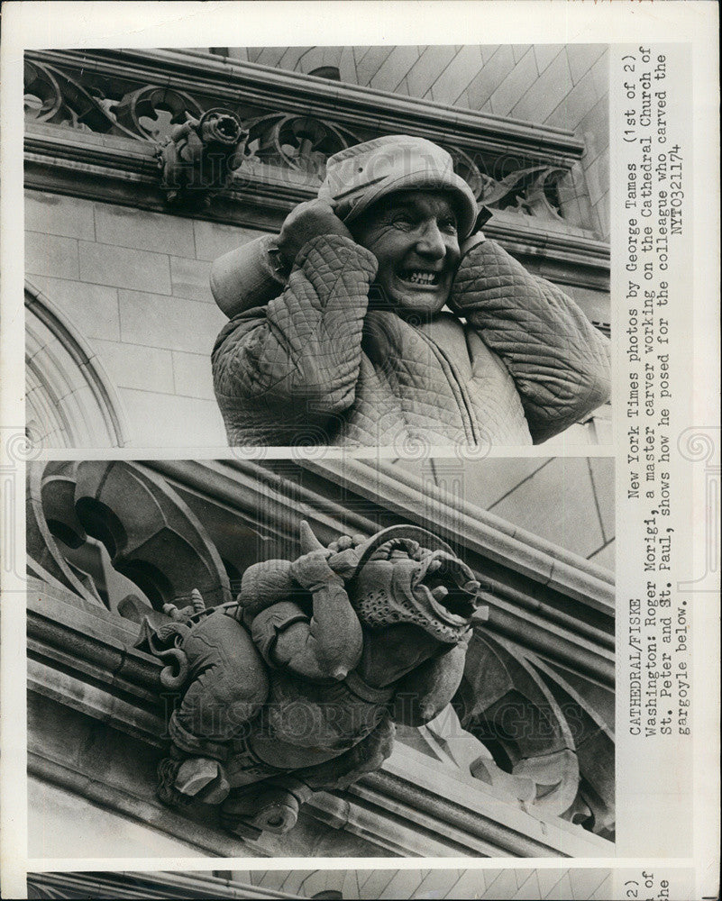 1974 Press Photo Roger Morigi, master carver on Cathedral Church of St. Peter - Historic Images