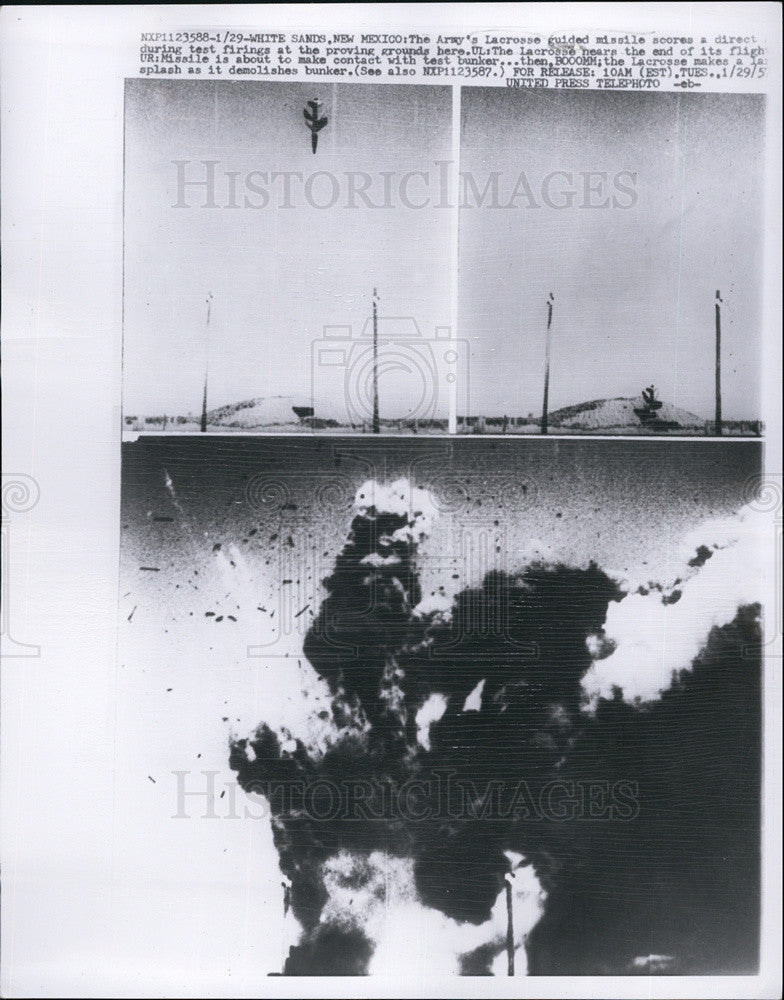 1957 Press Photo Army&#39;s Lacrosse Guided Missile Scores Direct Hit on Final Test - Historic Images