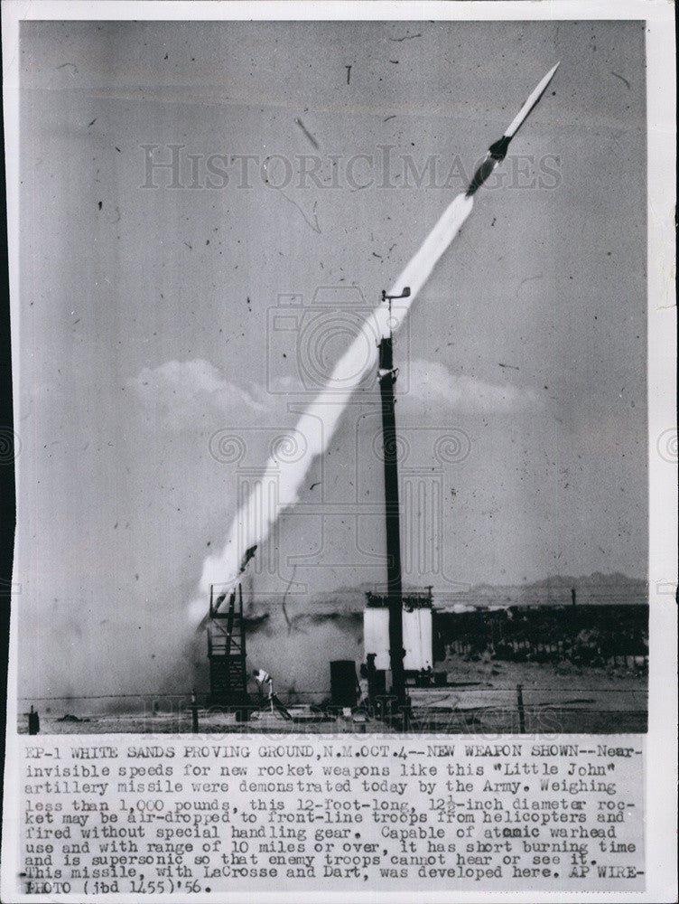 1956 Press Photo &quot;Little John&quot; Artillery Missile Being Tested - Historic Images