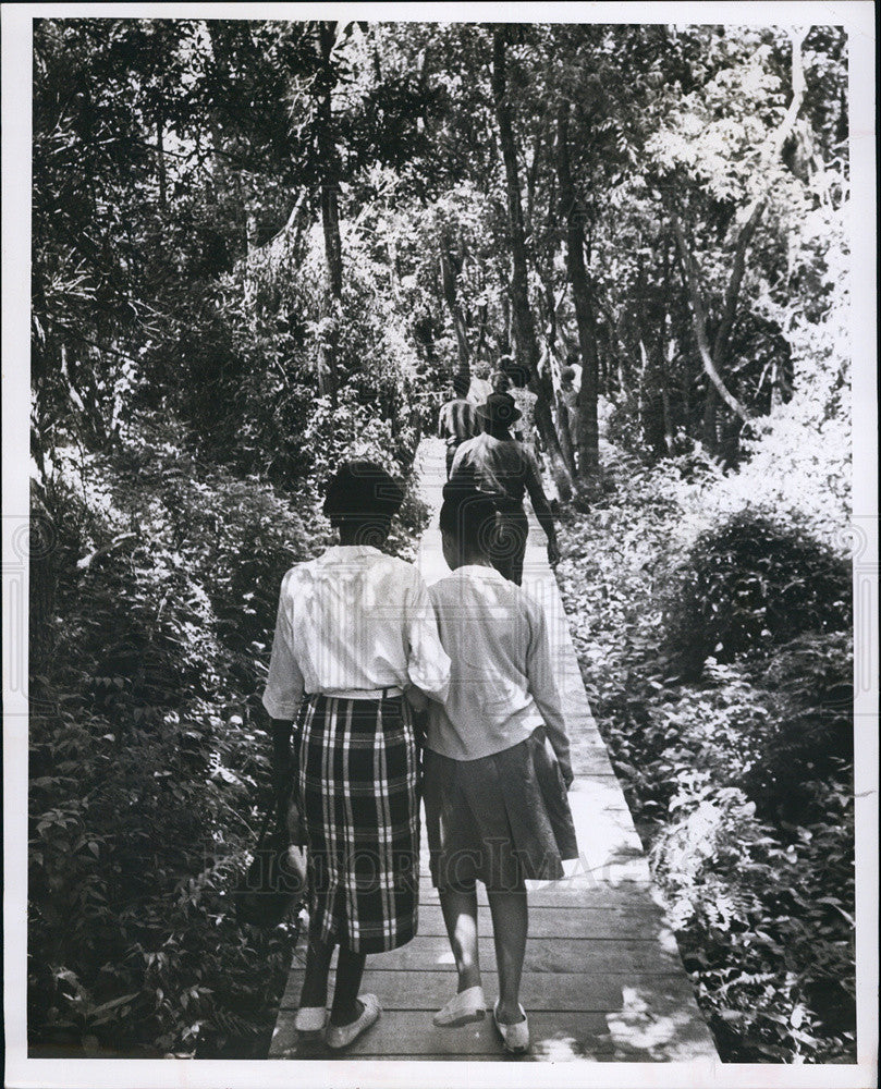 1966 Press Photo Mrs. Louise Graham accompanies children down wooded path - Historic Images