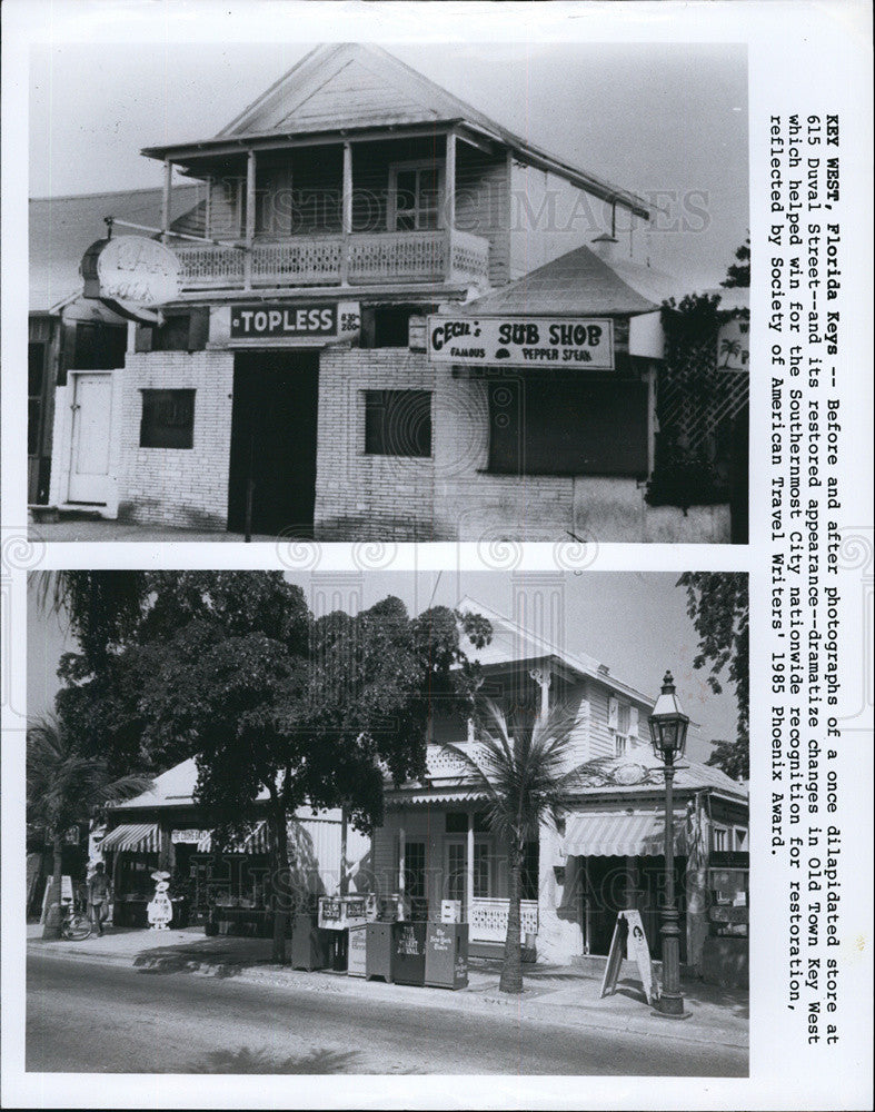 1985 Press Photo Before &amp; after of remodeled store on Duvall St in Florida Keys - Historic Images