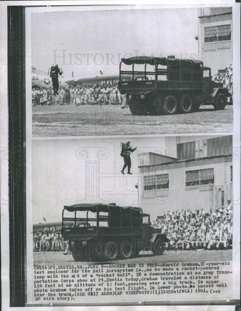 1961 Press Photo Harold Graham, Rocket Belt, Army Transportation Corps - Historic Images