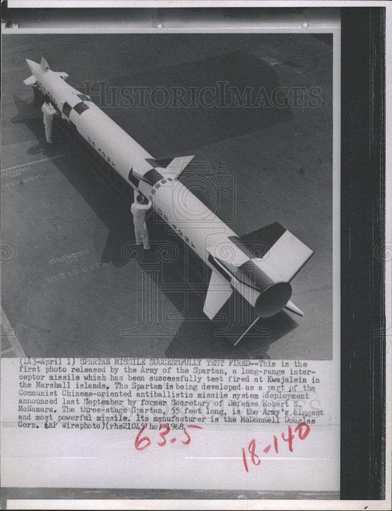 1969 Press Photo The three-stage Spartan missile is the key strike-back weapon - Historic Images