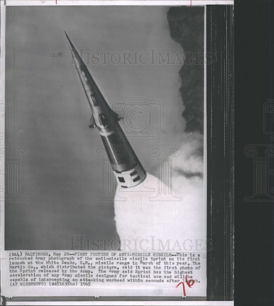 1965 Press Photo In-flight photo of anti-missile missile Sprint at White Sands - Historic Images