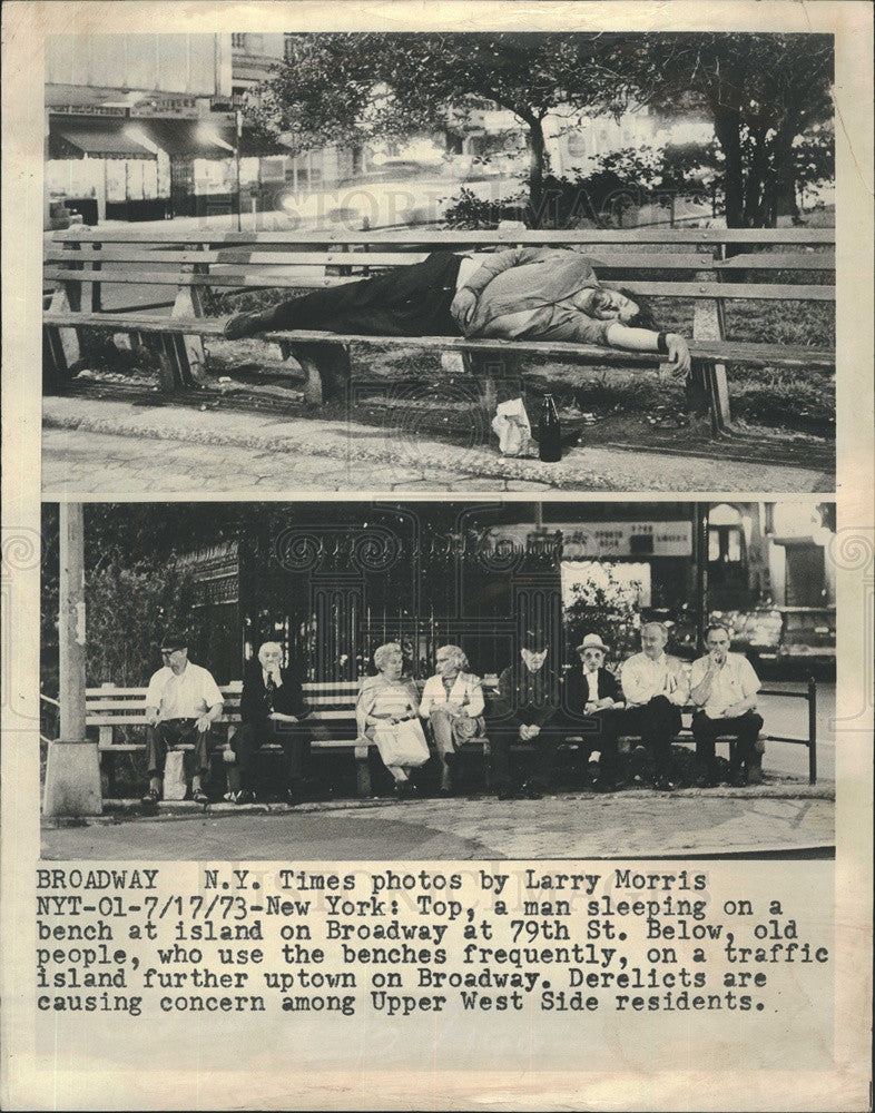 1973 Press Photo Man sleeps &amp; old folks rest on NY City benches - Historic Images