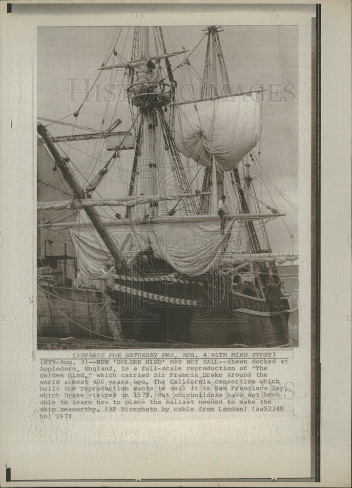 1973 Press Photo New &quot;Golden Hind&quot; full scale replica of ship that carried Drake - Historic Images