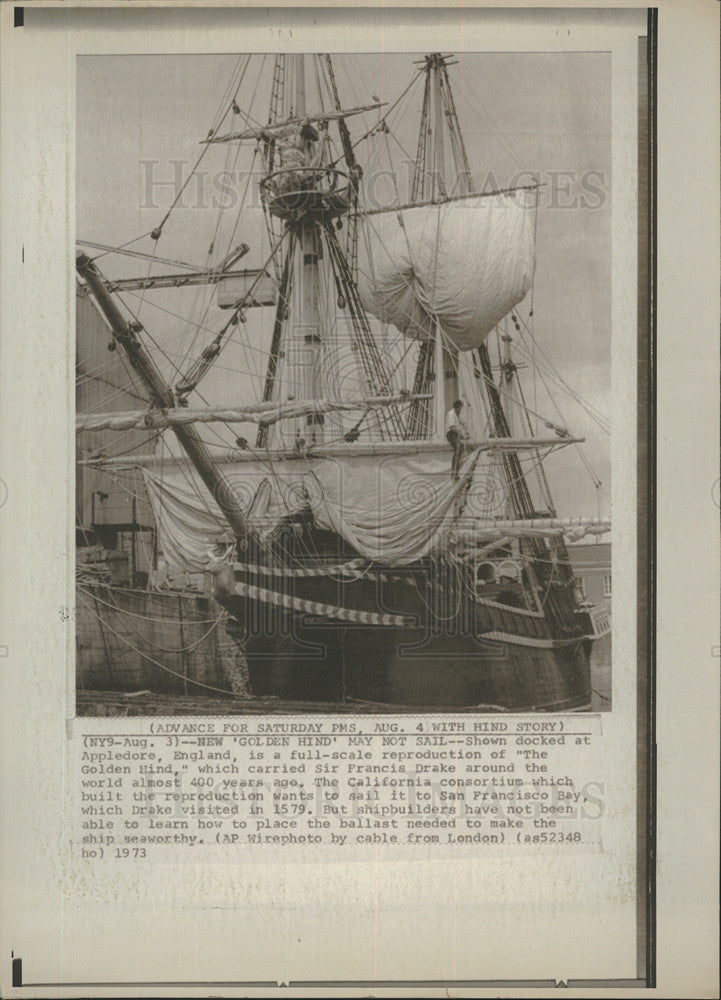 1973 Press Photo New "Golden Hind" full scale replica of ship that carried Drake - Historic Images