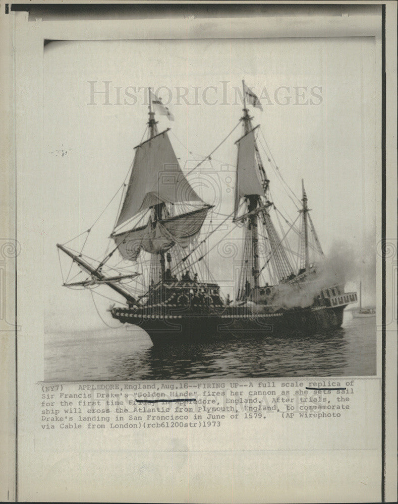 1973 Press Photo A full scale replica of Sir Francis Drake shipGolden Hind&quot; - Historic Images