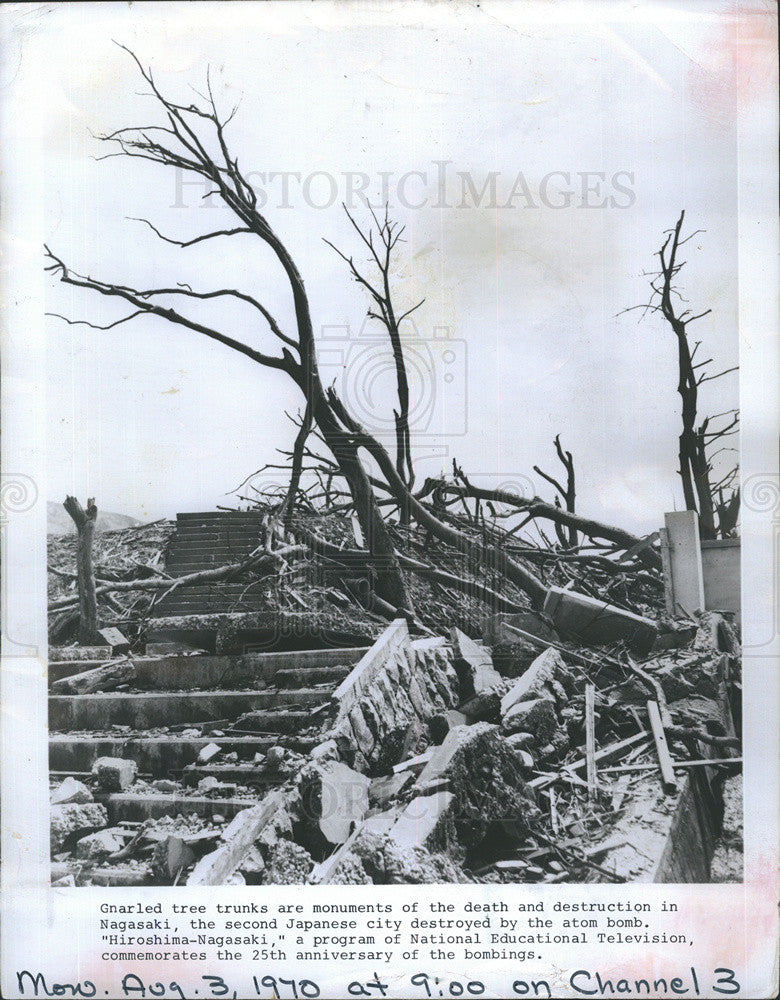 1970 Press Photo gnarled tree trunks Nagasaki Japan atom bomb program 25th - Historic Images