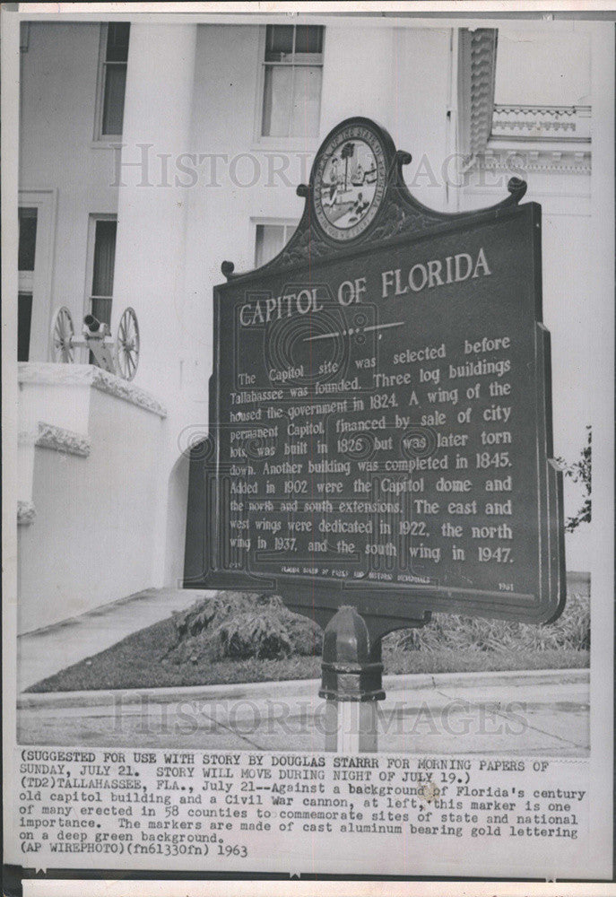 1963 Press Photo Capitol of Florida marker in Tallahassee, Florida - Historic Images