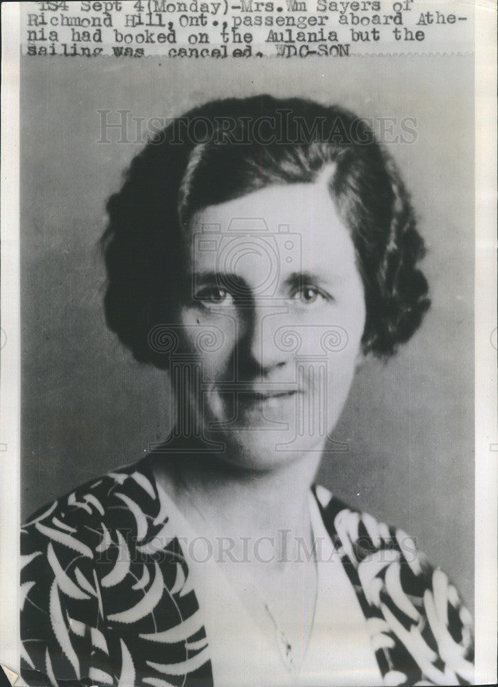 Press Photo Mrs. Wm. Sayers, passenger on ill-fated liner Athenia - Historic Images