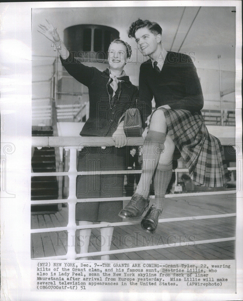 1951 Press Photo Actress Beatrice Lillie Nephew Grant Tyler Deck of Mauretania - Historic Images