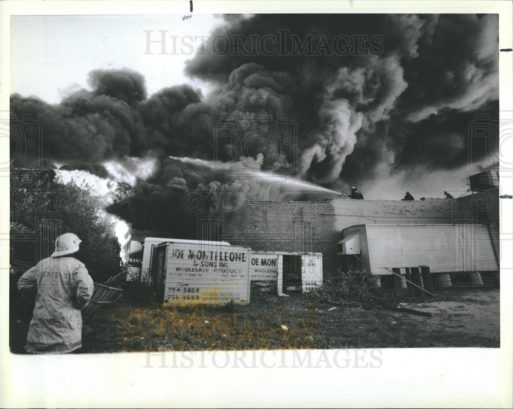 1984 Press Photo Fire Damages Warehouse on Lowe in Chicago Heights - Historic Images