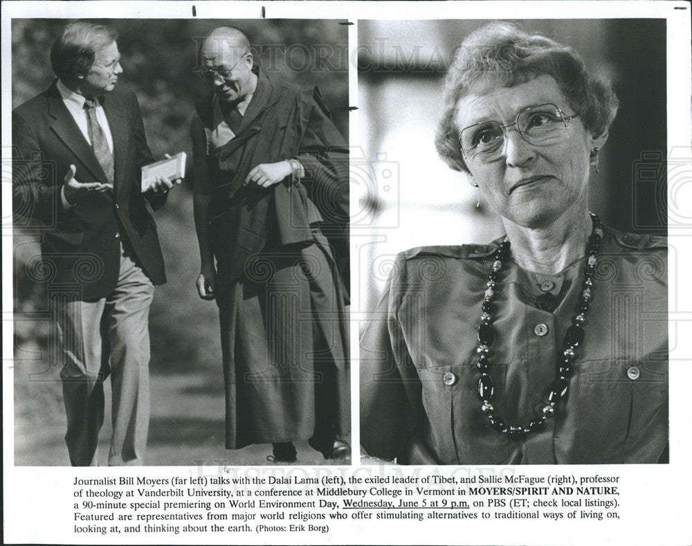 1991 Press Photo Bill Moyers Journalist Dalai Lama Sallie McFague Professor - Historic Images