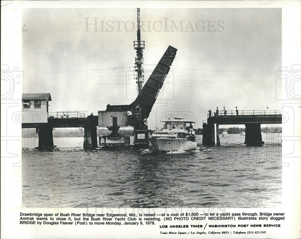 1978 Press Photo Bush River Drawbridge raised to allow yacht to pass - Historic Images