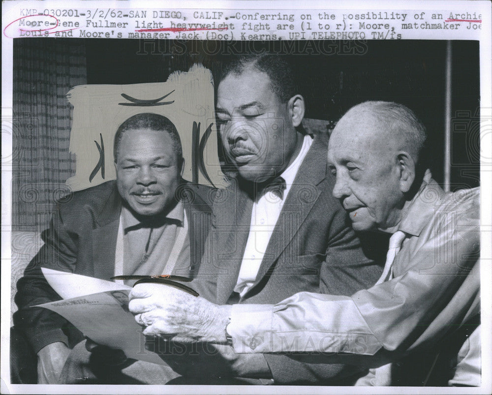 1962 Press Photo Archie Moore, Joe Lewis &amp; Jack Kearns Moore&#39;s Manager in SD Cal - Historic Images