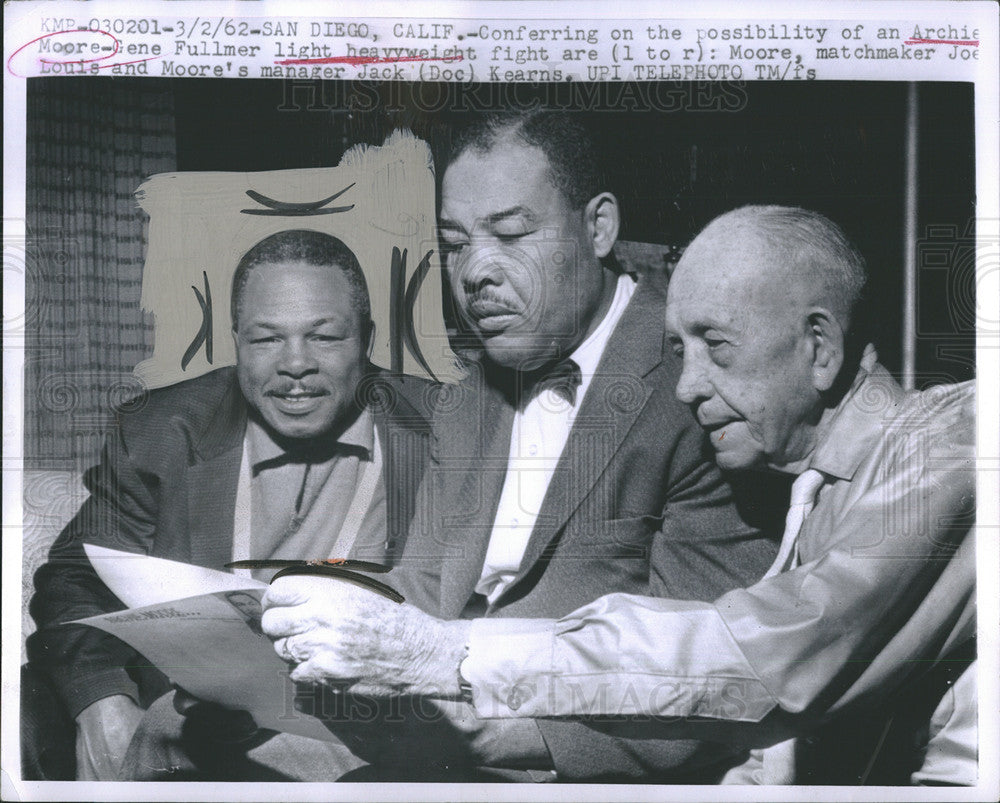 1962 Press Photo Archie Moore, Joe Lewis & Jack Kearns Moore's Manager in SD Cal - Historic Images
