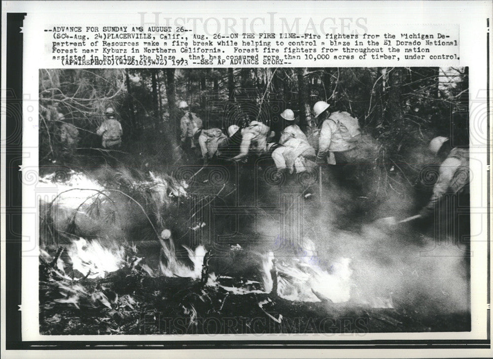 1973 Press Photo Fire Fighters, Michigan Department Resources, Fire Break - Historic Images