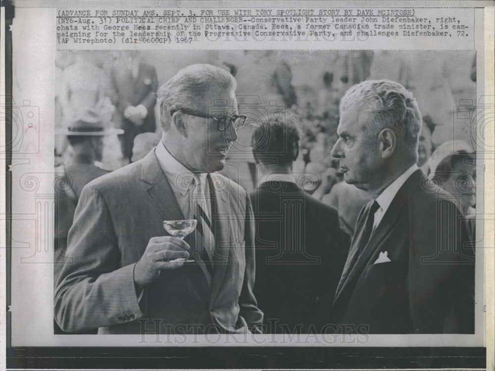 1967 Press Photo John Diefenbaker and George Hees in Ottawa Canada - Historic Images