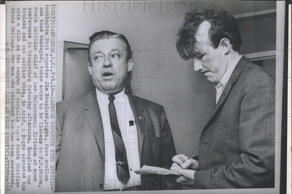 1968 Press Photo Injured reporter keeps working on S.C. State College news - Historic Images