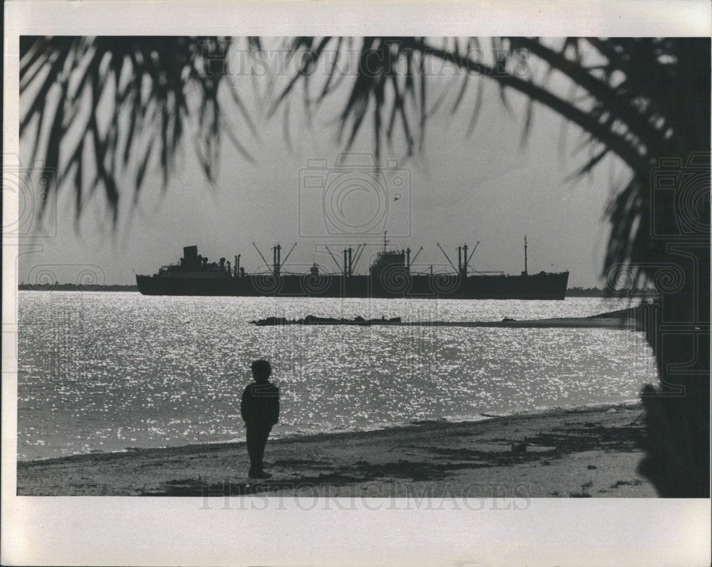 1989 Press Photo A boy looks at ocean vessel at Ft. De Soto Park. - Historic Images