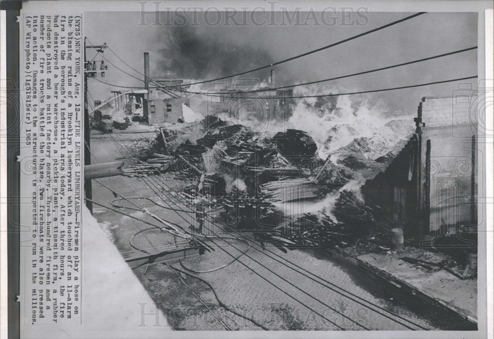 1965 Press Photo Brooklyn Lumberyard Fire Firemen Boroughs Industrial Area - Historic Images