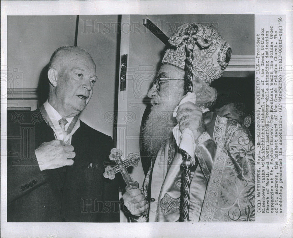 1956 Press Photo President Eisenhower and Archbishop Micheal Talk - Historic Images