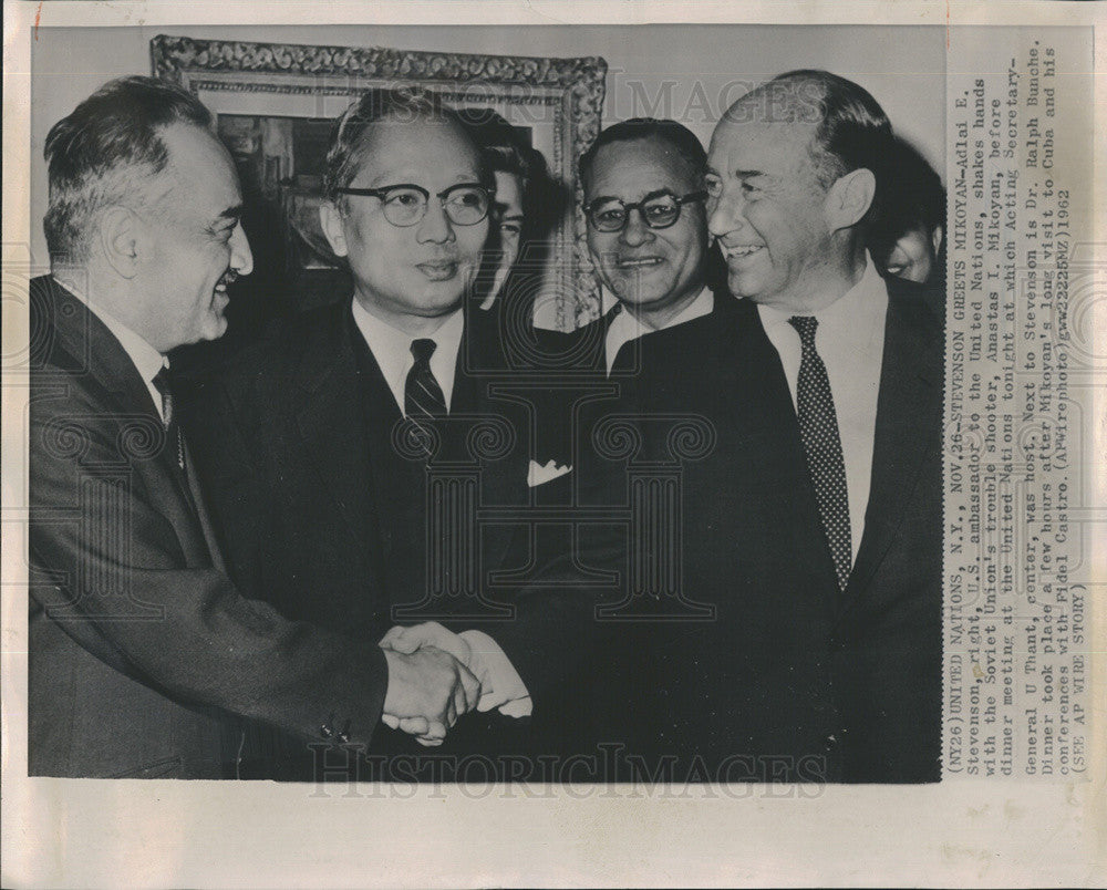 1962 Press Photo Adlai Stevenson US Ambassador Greets Anastas Mikoyan Gen. Thant - Historic Images