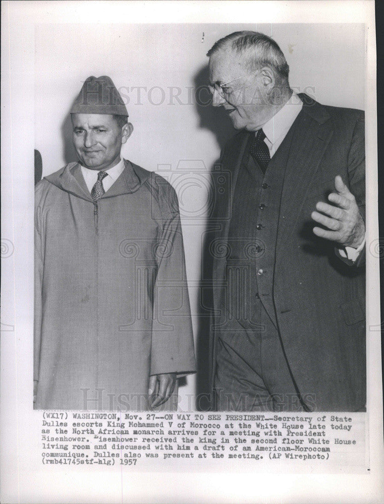 1957 Press Photo secretary of state Dulles escorts Mohammed V of Morocco for - Historic Images